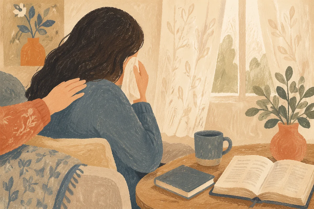 Comforting Hand as Woman Wipes Tears