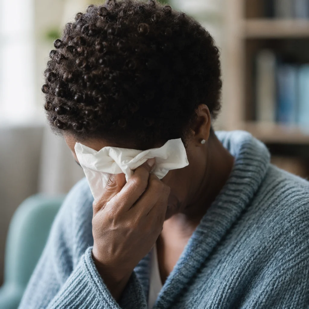 Tearful Woman Finding Comfort Indoors