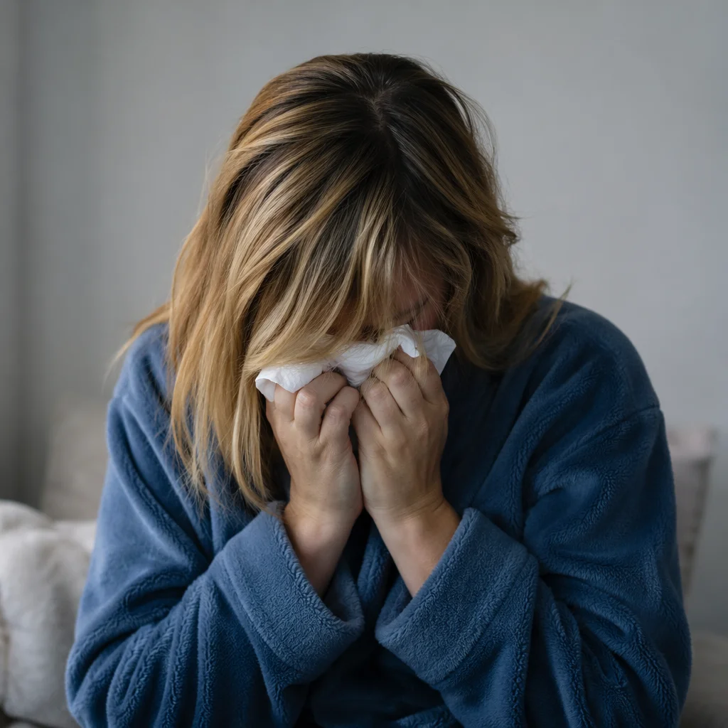 Woman Wiping Tears in Quiet Comfort