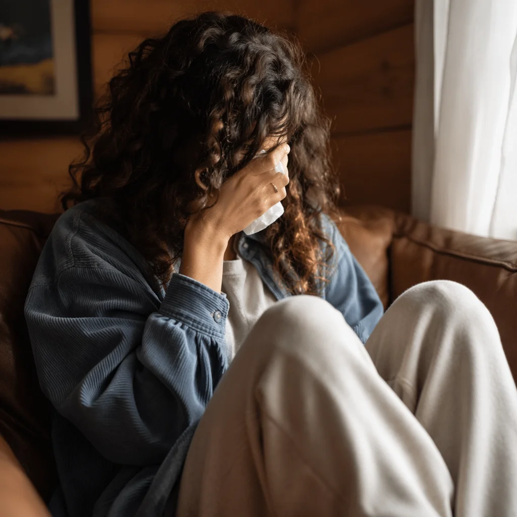 Young Woman Wiping Tears by Window