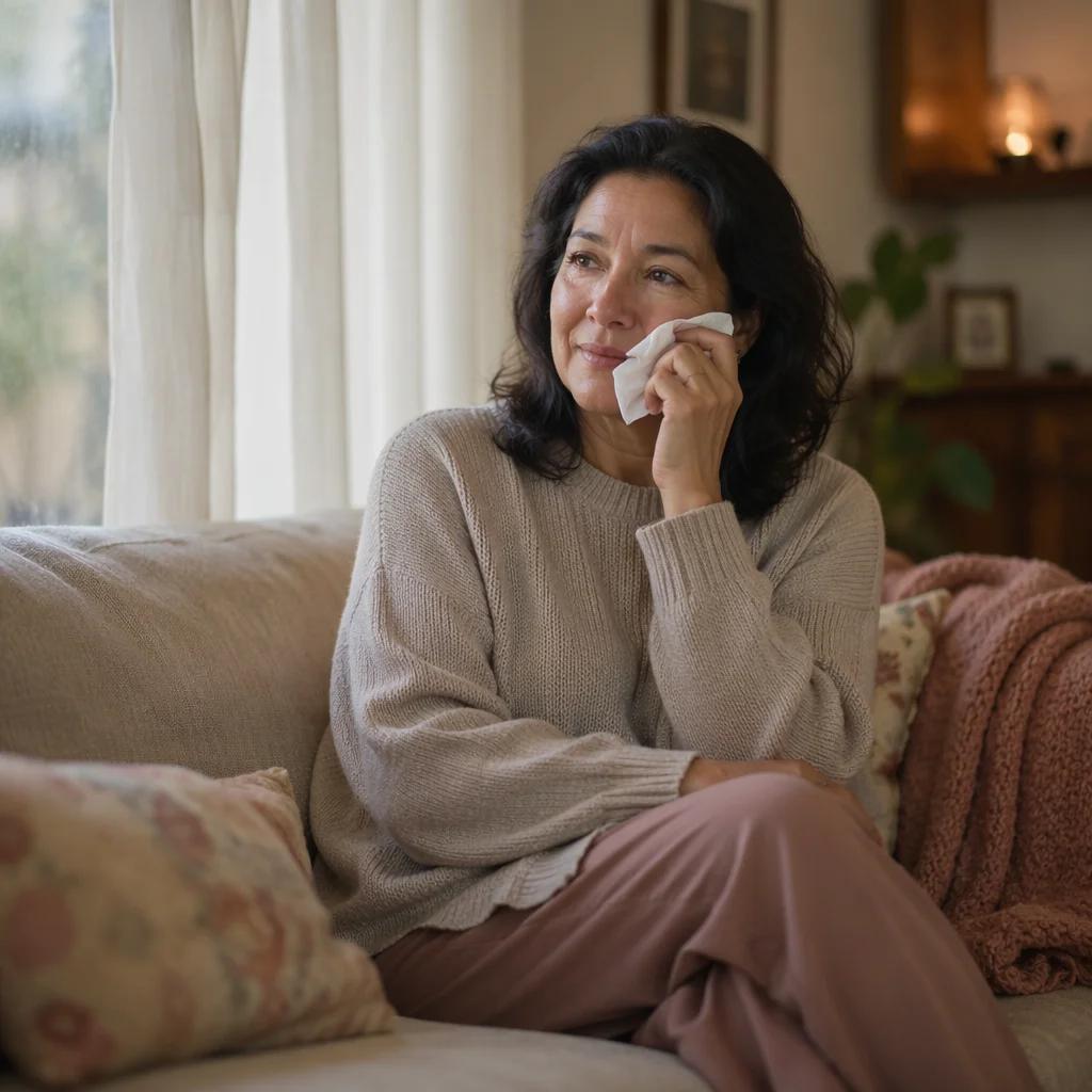 Woman Wiping Tears by Living Room Window