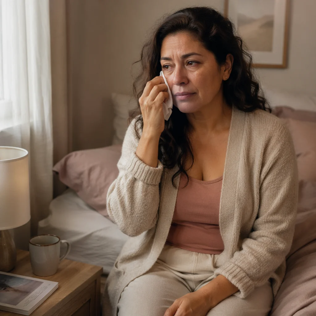 Woman Wiping Tears in Quiet Bedroom