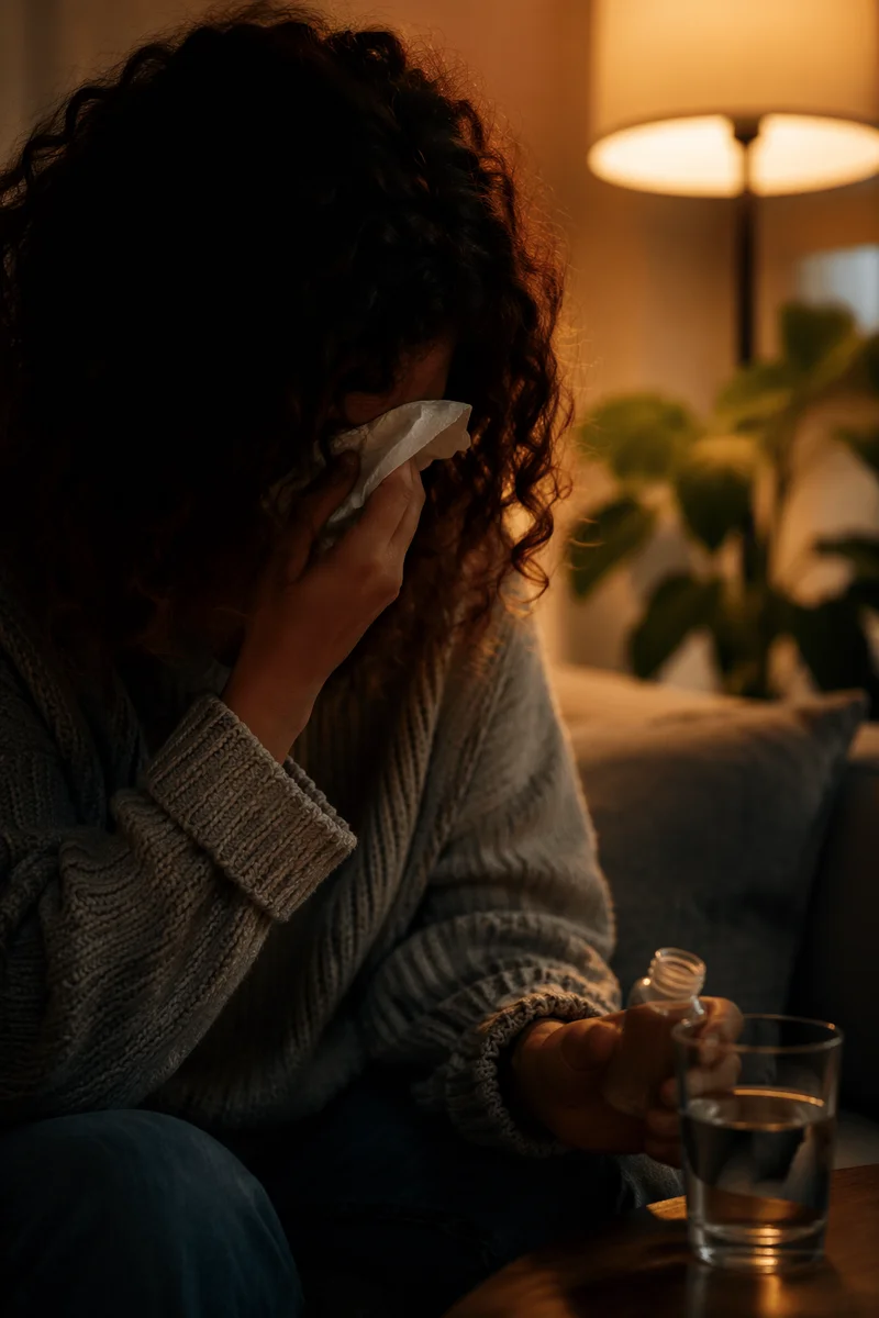 Woman Wiping Tears in Warm Home