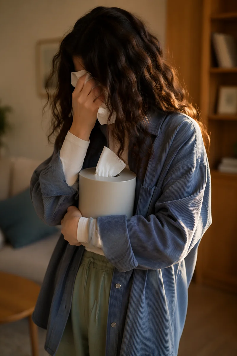 Woman Wiping Tears in Quiet Living Room