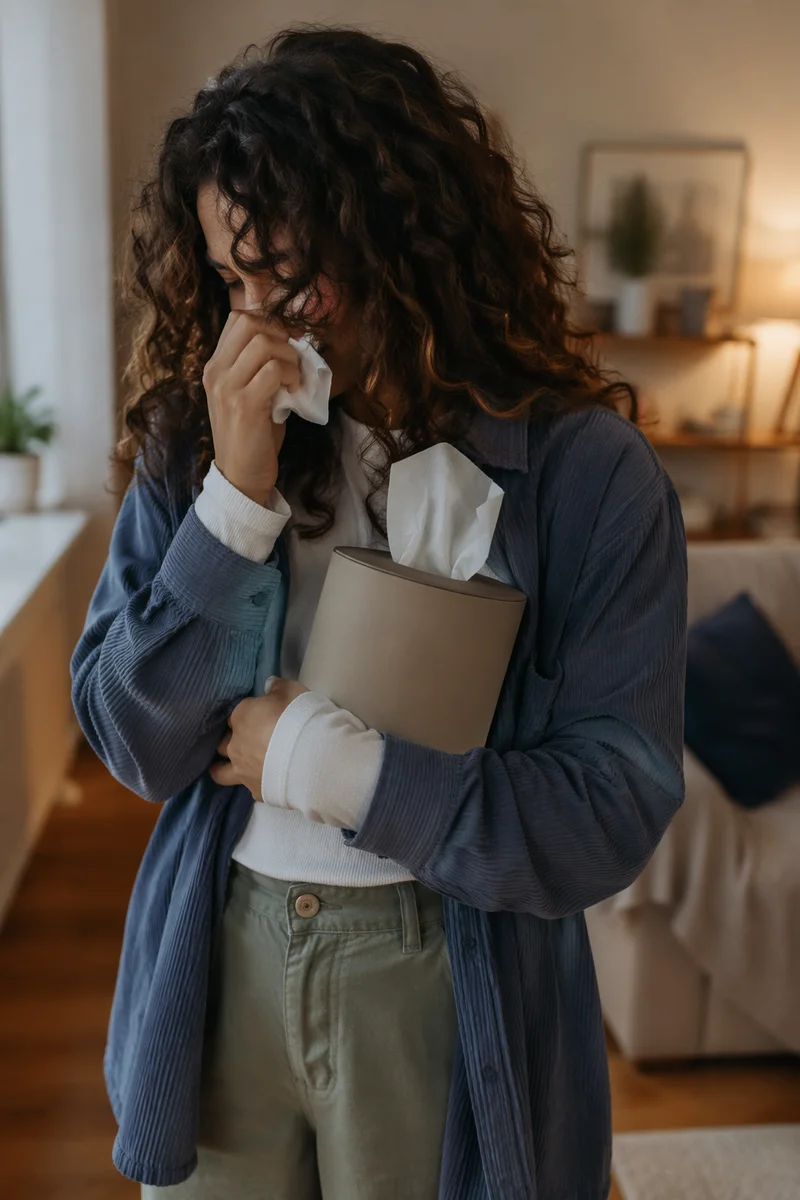 Woman Wiping Tears in Cozy Home