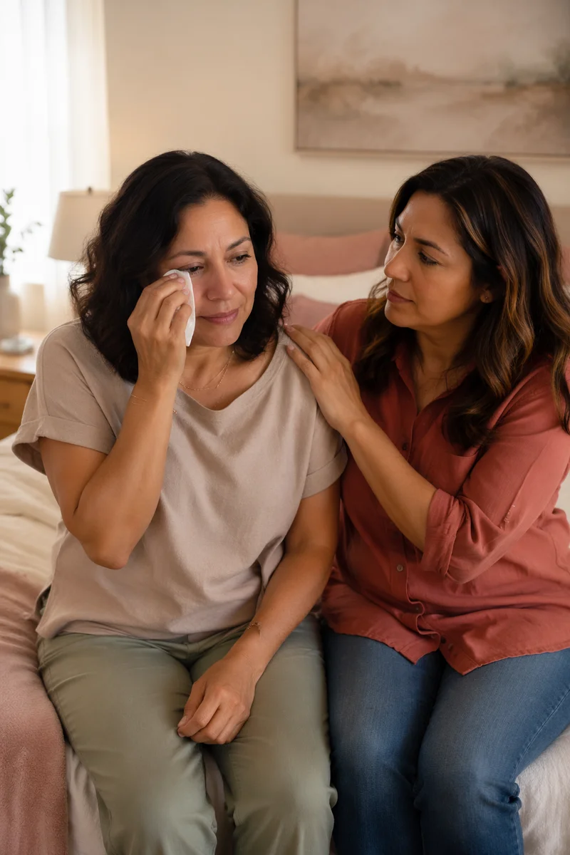 Woman Comforted While Wiping Away Tears