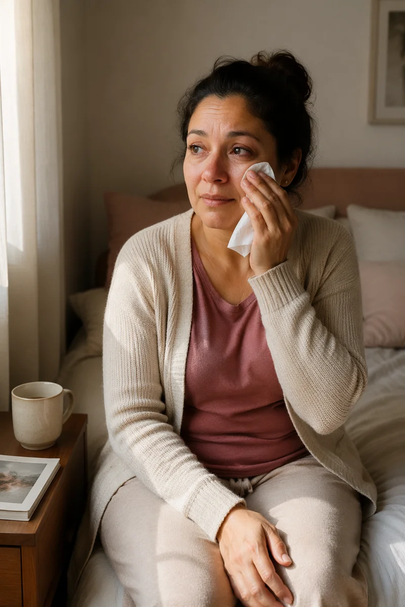 Woman Wiping Tears on Bedside
