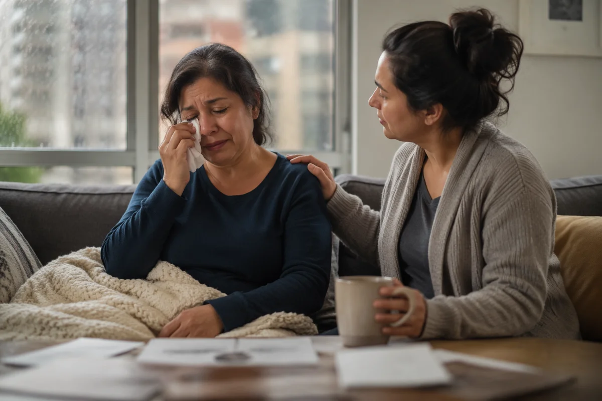 Woman Comforted by Friend Near Window