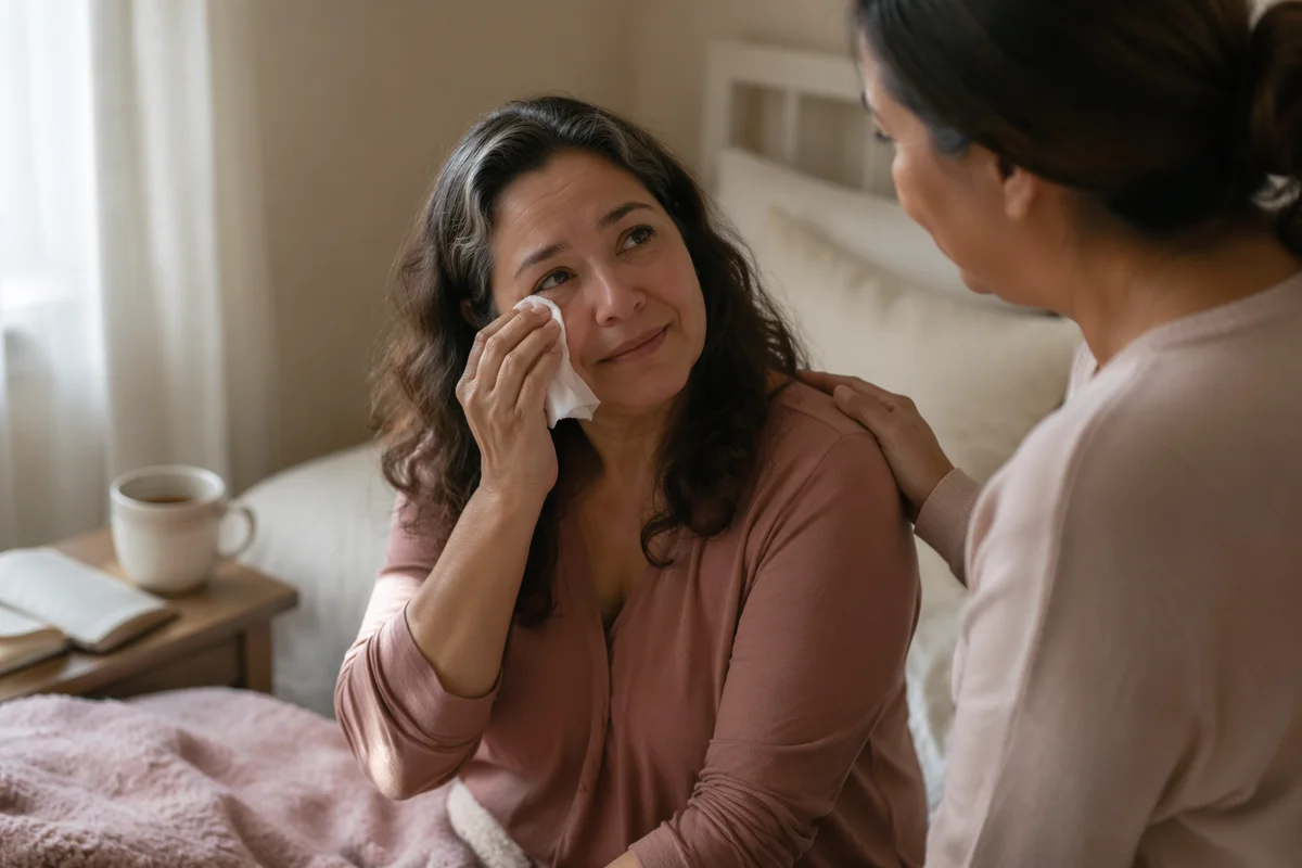 Emotional Woman Wiping Tears in Bedroom