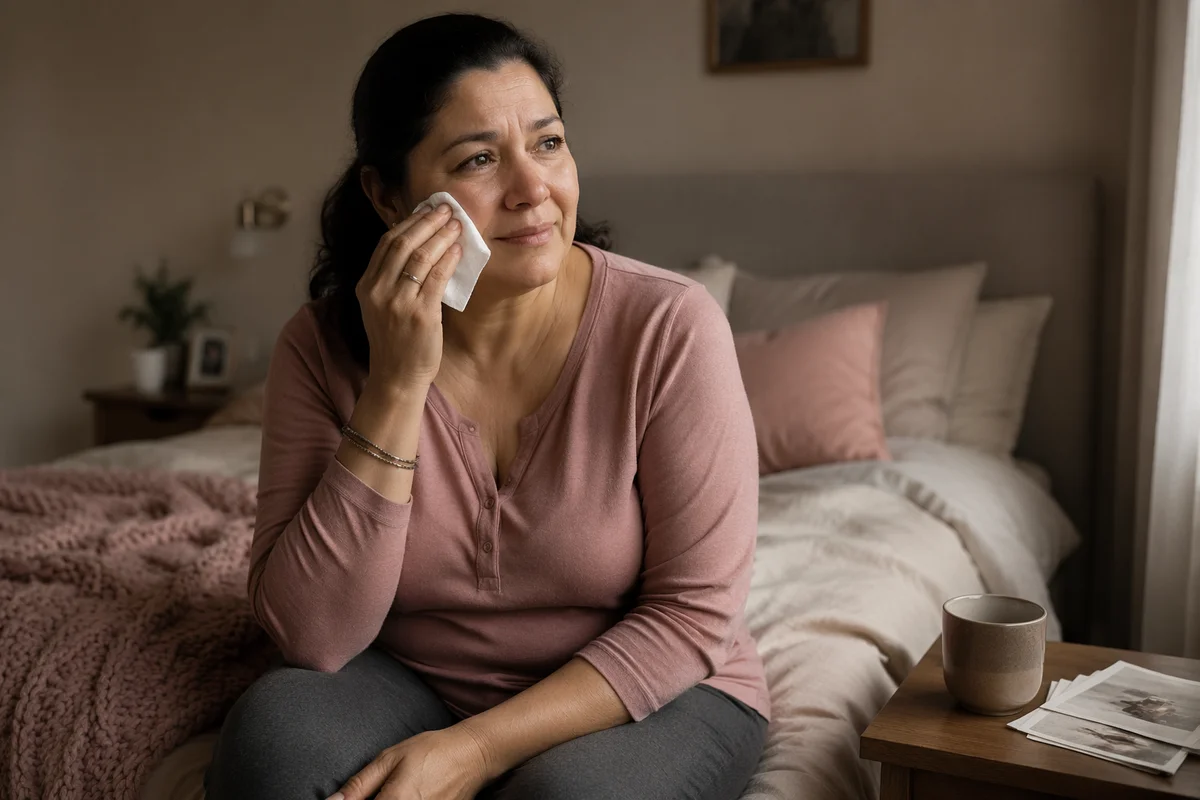 Woman Wiping Tears in Bedroom Morning