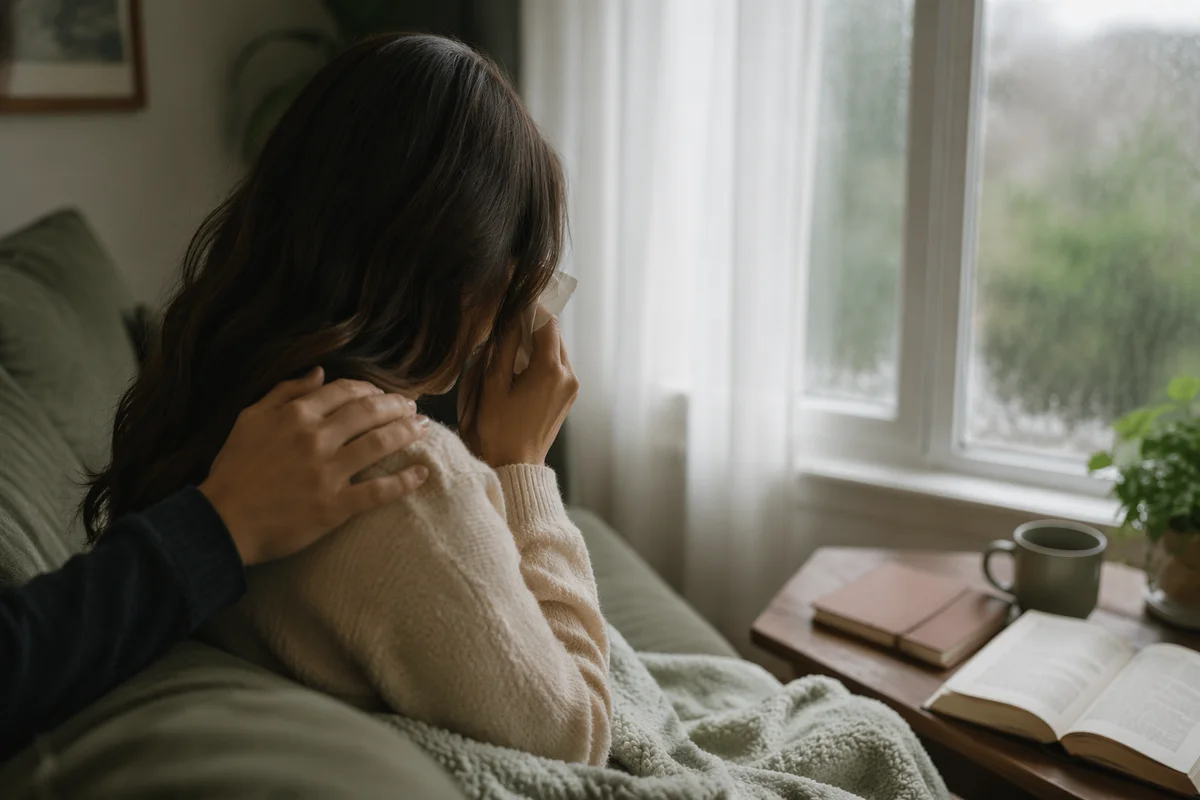 Comforting Hand for Tearful Woman at Home