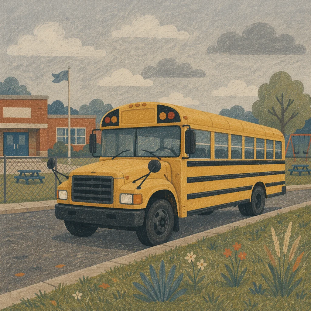 Yellow School Bus Outside Elementary School