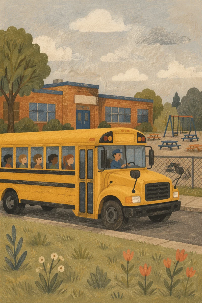 Yellow School Bus at Elementary School