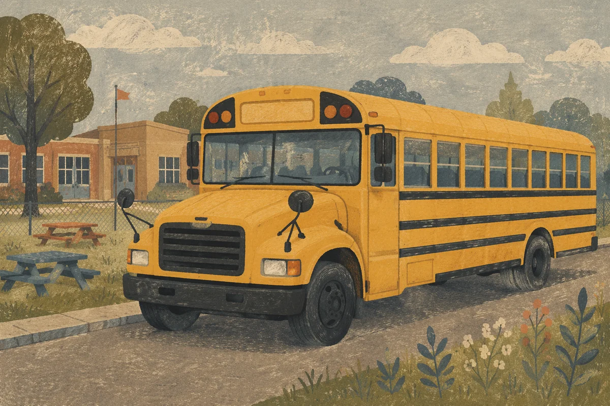 Yellow School Bus Outside Elementary School