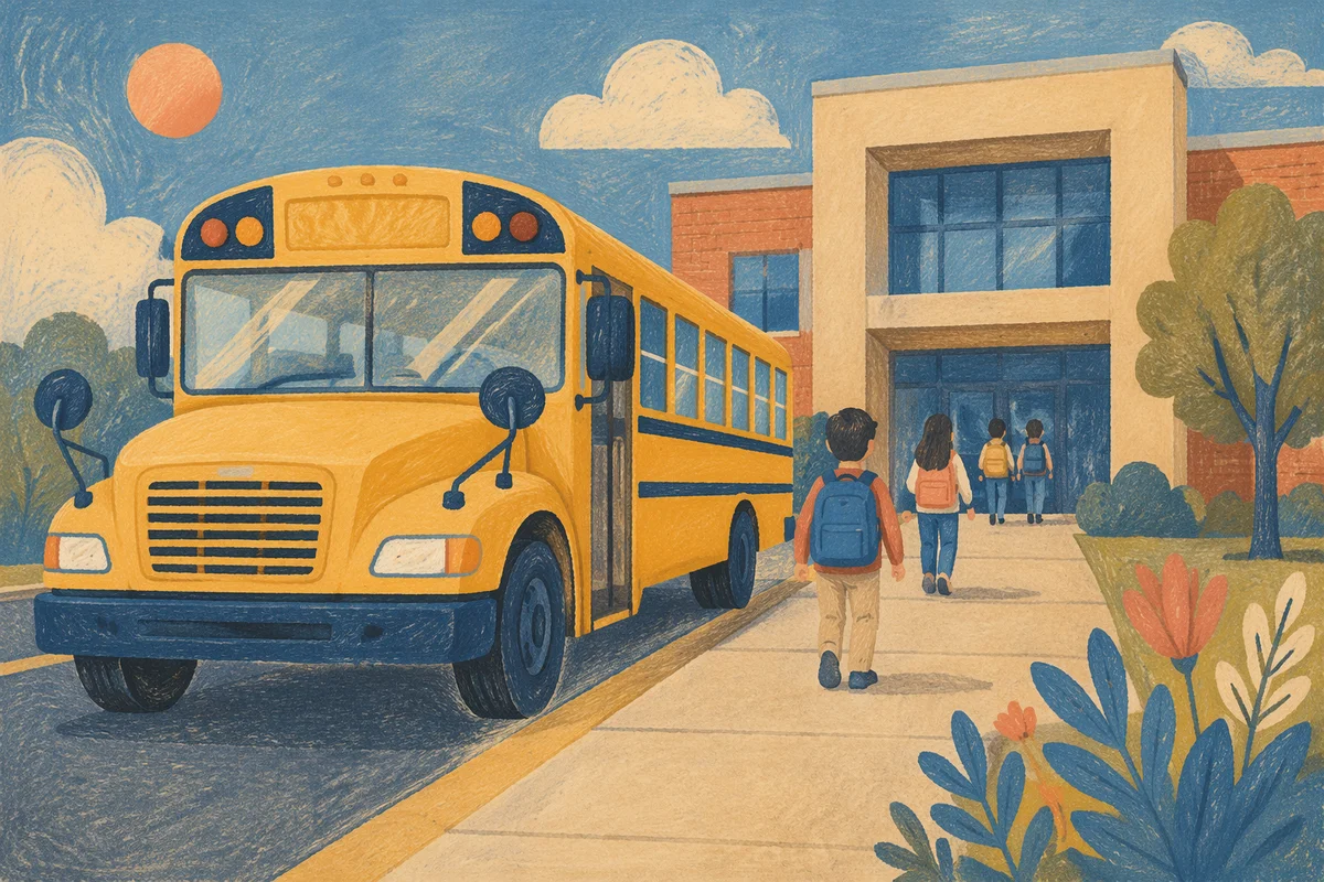 Yellow School Bus at Morning Campus