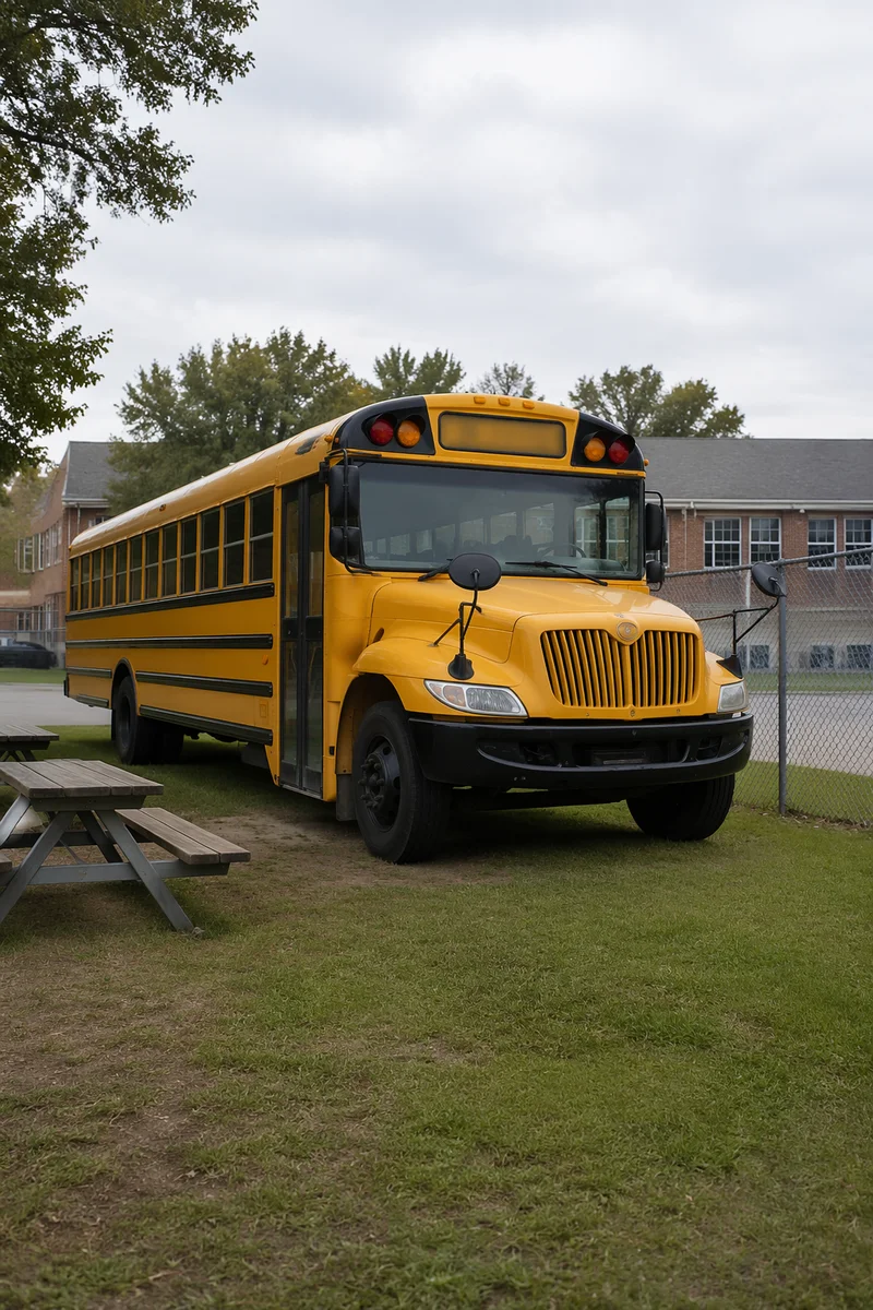 Yellow School Bus Outside Suburban Campus