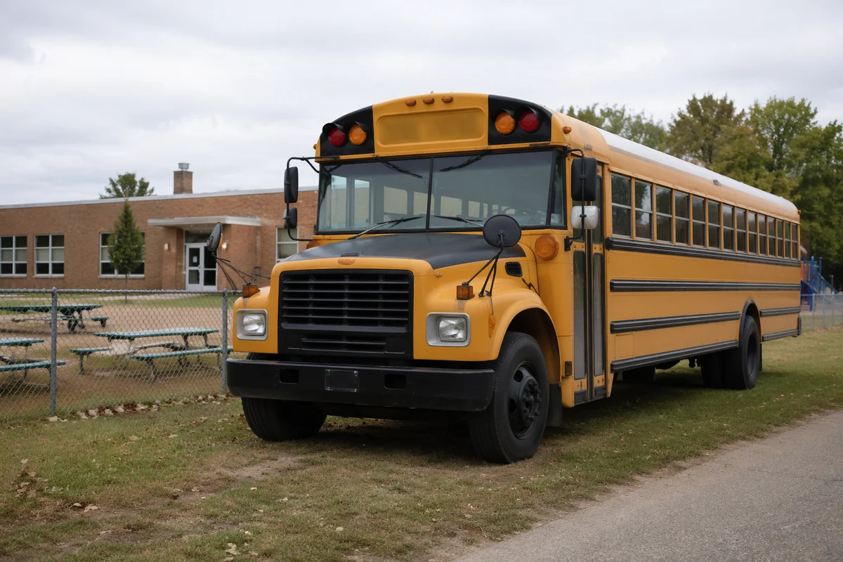 Yellow School Bus Outside Elementary School