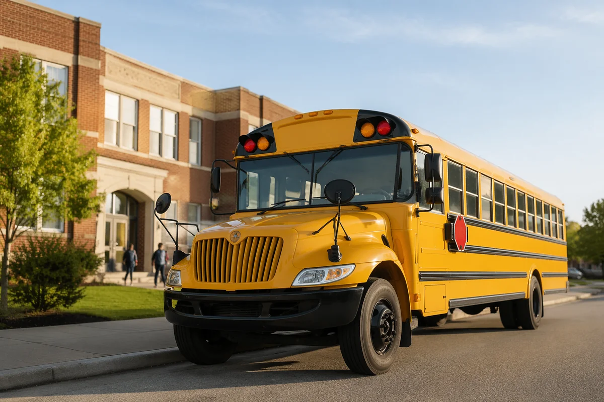 Yellow School Bus at Brick School Entrance