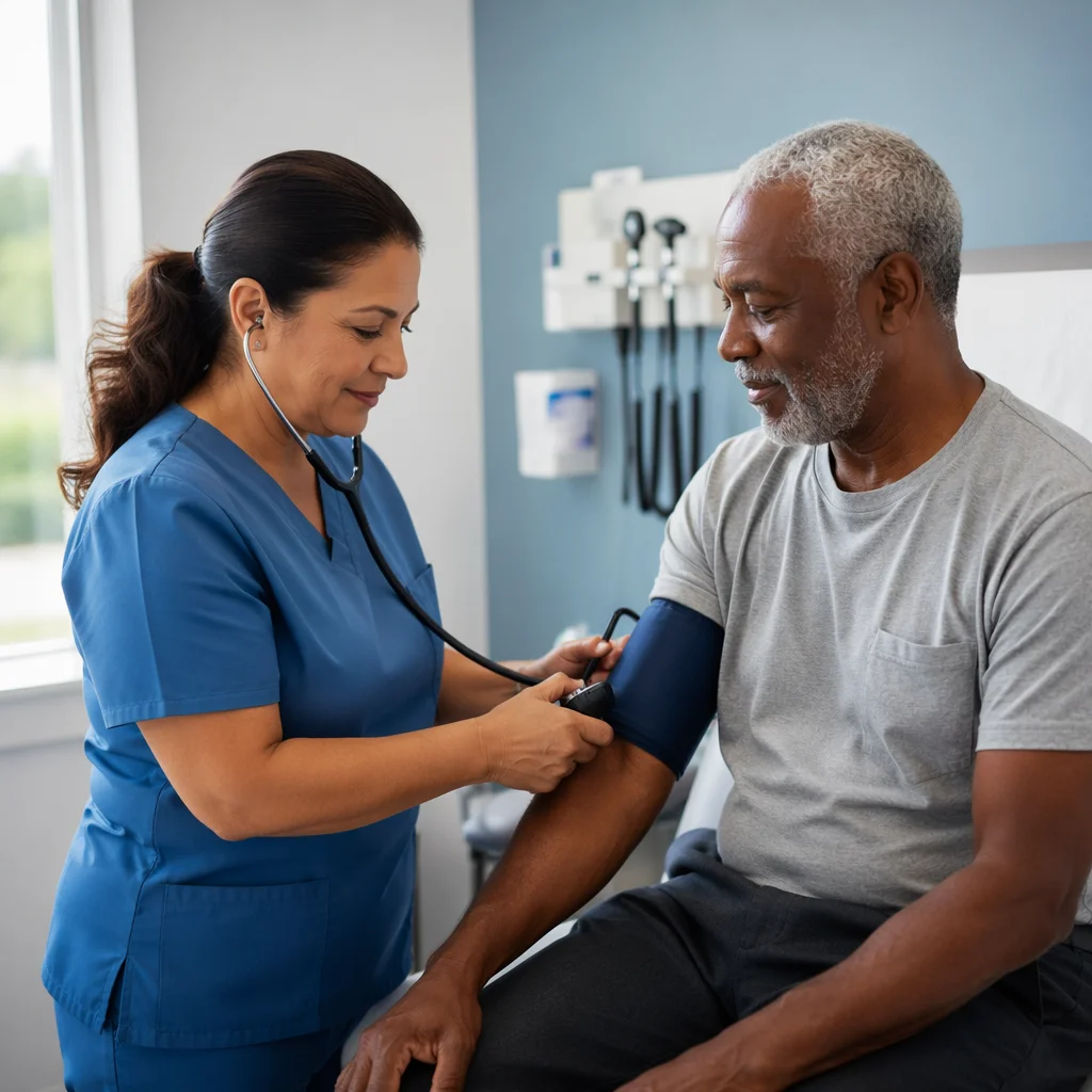 Nurse Checking Patient Blood Pressure in Clinic