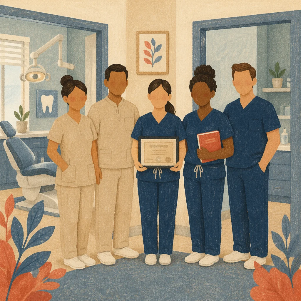 Dental Care Team in Modern Clinic Hallway