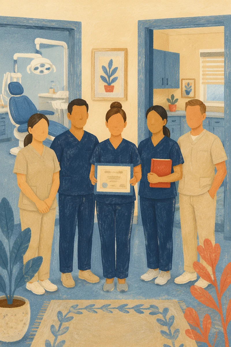 Dental Care Team in Clean Clinic Hallway