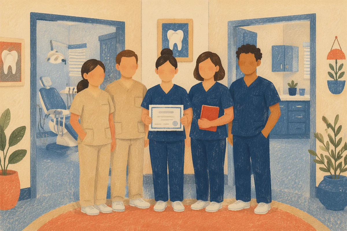 Dental Care Team in Modern Clinic Hallway