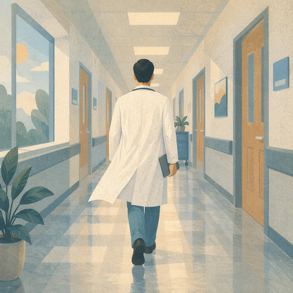 Doctor Walking Through Quiet Hospital Corridor