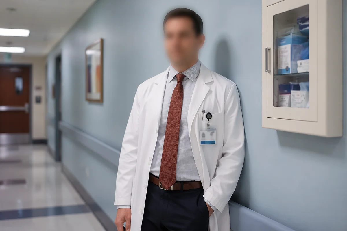 Doctor in White Coat Hospital Corridor