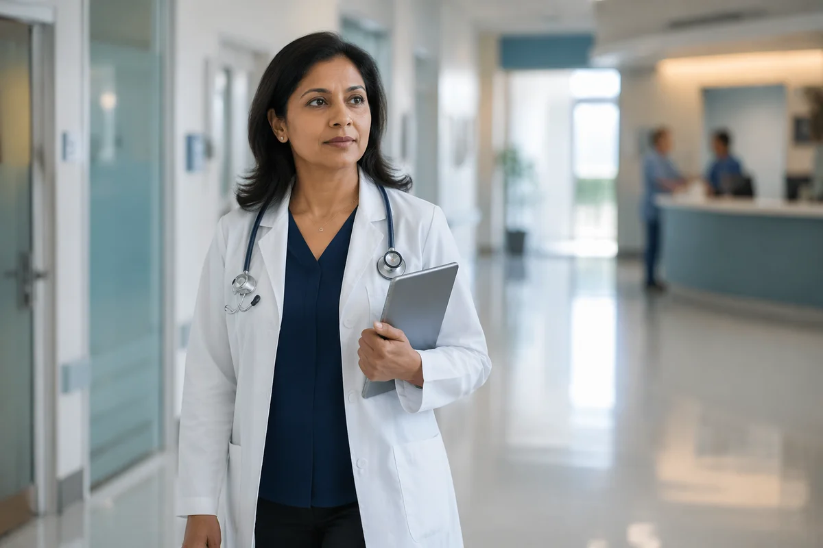 Female Doctor Walking in Hospital Corridor
