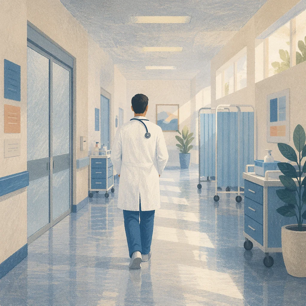 Doctor Walking Through Calm Hospital Corridor