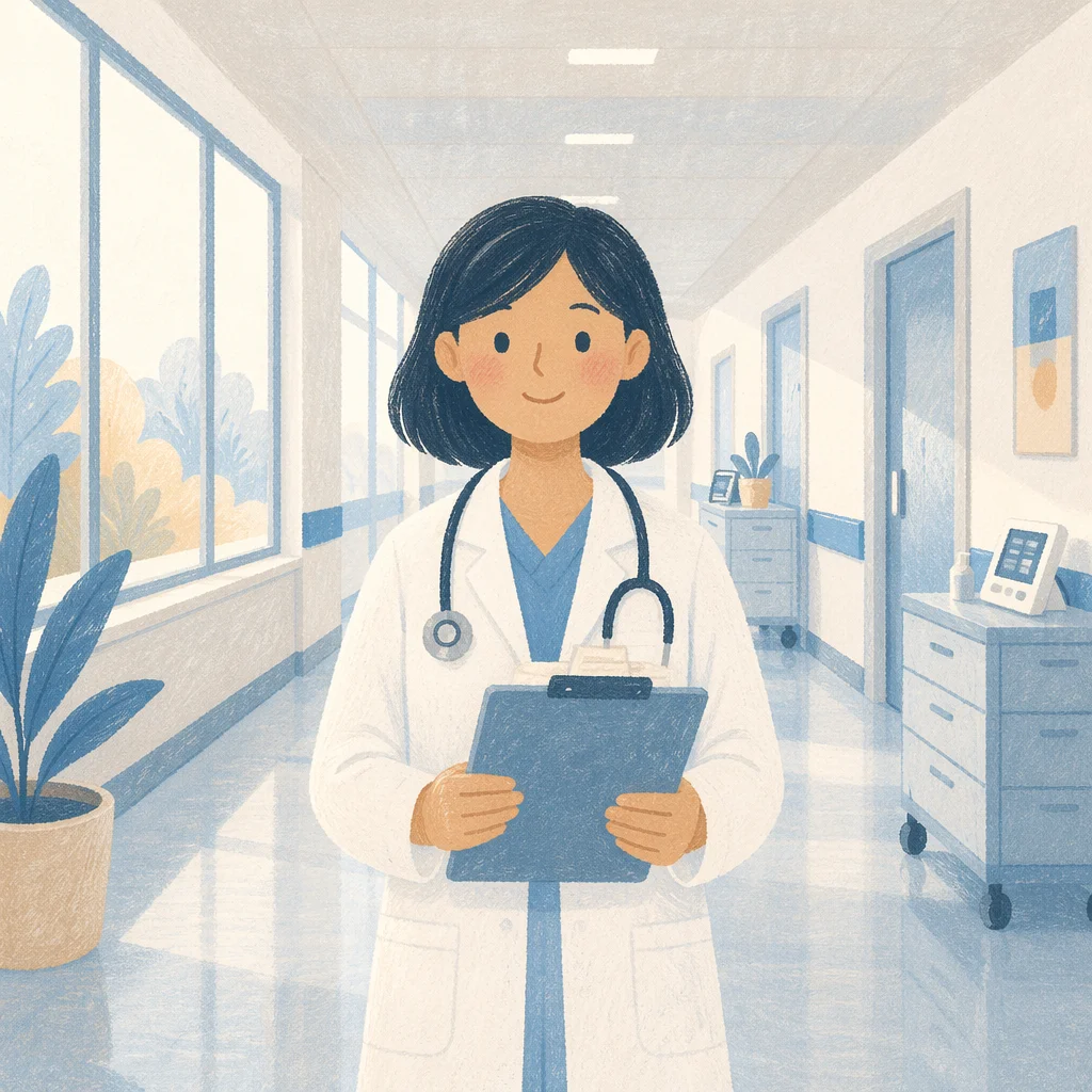 Doctor in White Coat Hospital Corridor