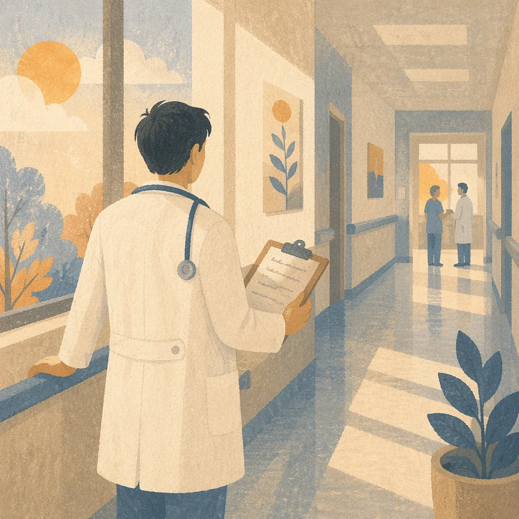 Compassionate Doctor in Morning Hospital Corridor