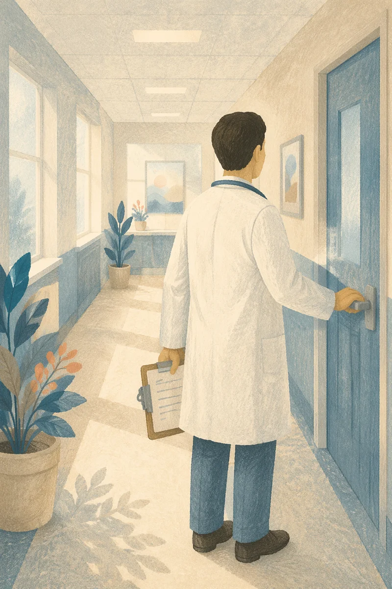 Compassionate Doctor Entering Quiet Hospital Room