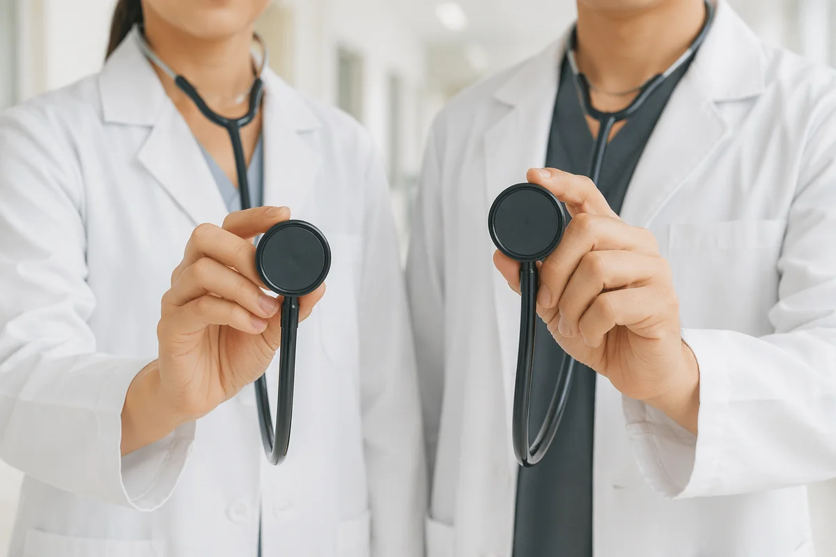 Doctors Holding Stethoscopes in Hospital Corridor