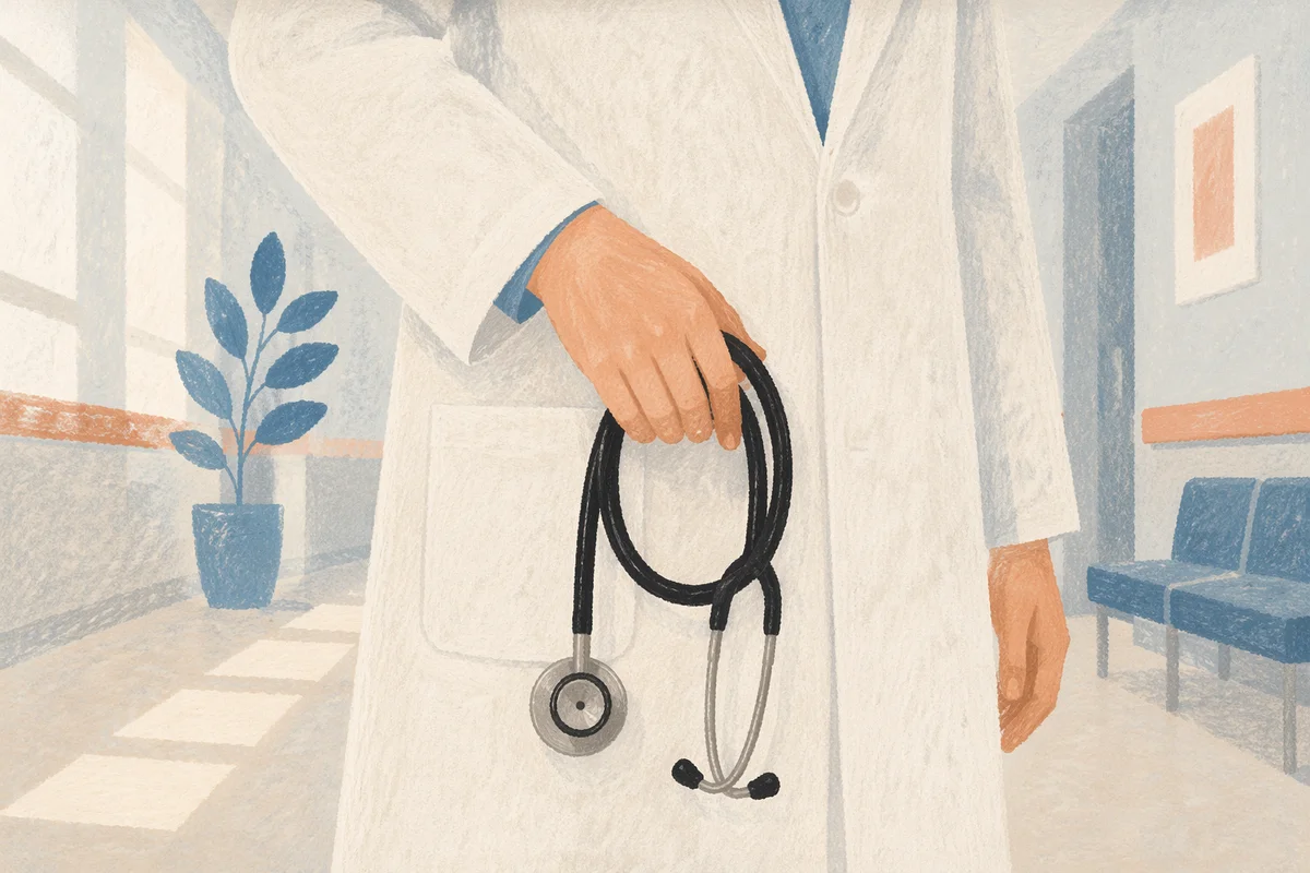 Doctor Holding Stethoscope in Hospital Corridor