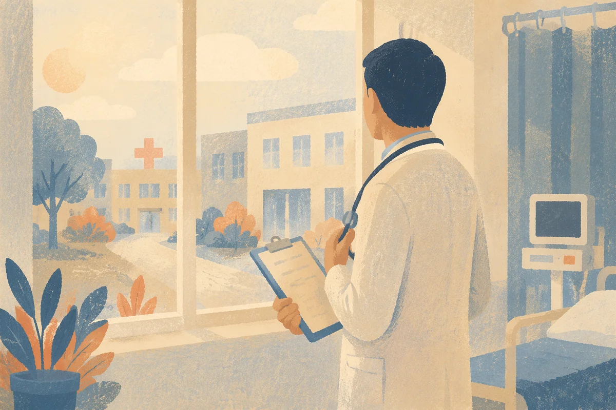 Compassionate Doctor Overlooking Hospital Courtyard