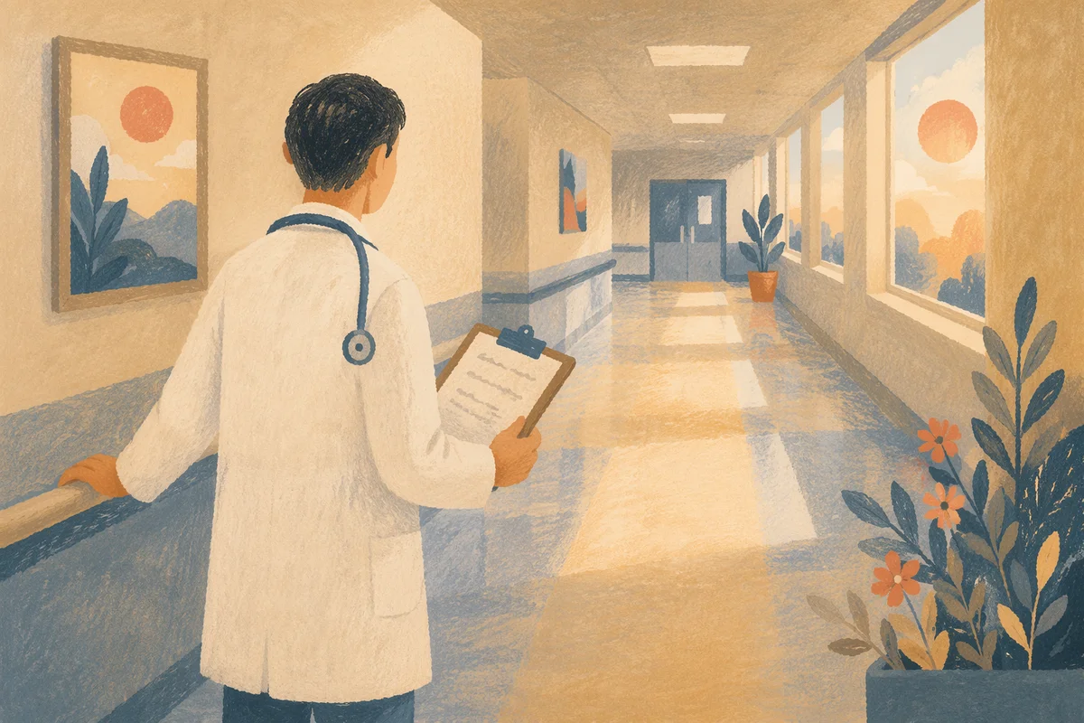 Compassionate Doctor in Morning Hospital Corridor