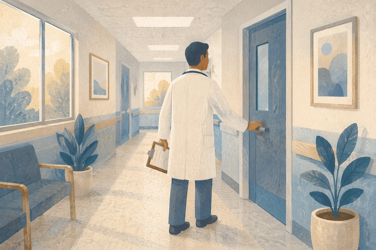 Compassionate Doctor Entering Quiet Hospital Room