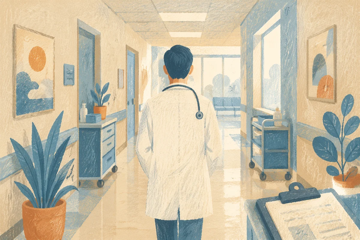 Doctor Walking Through Calm Hospital Corridor
