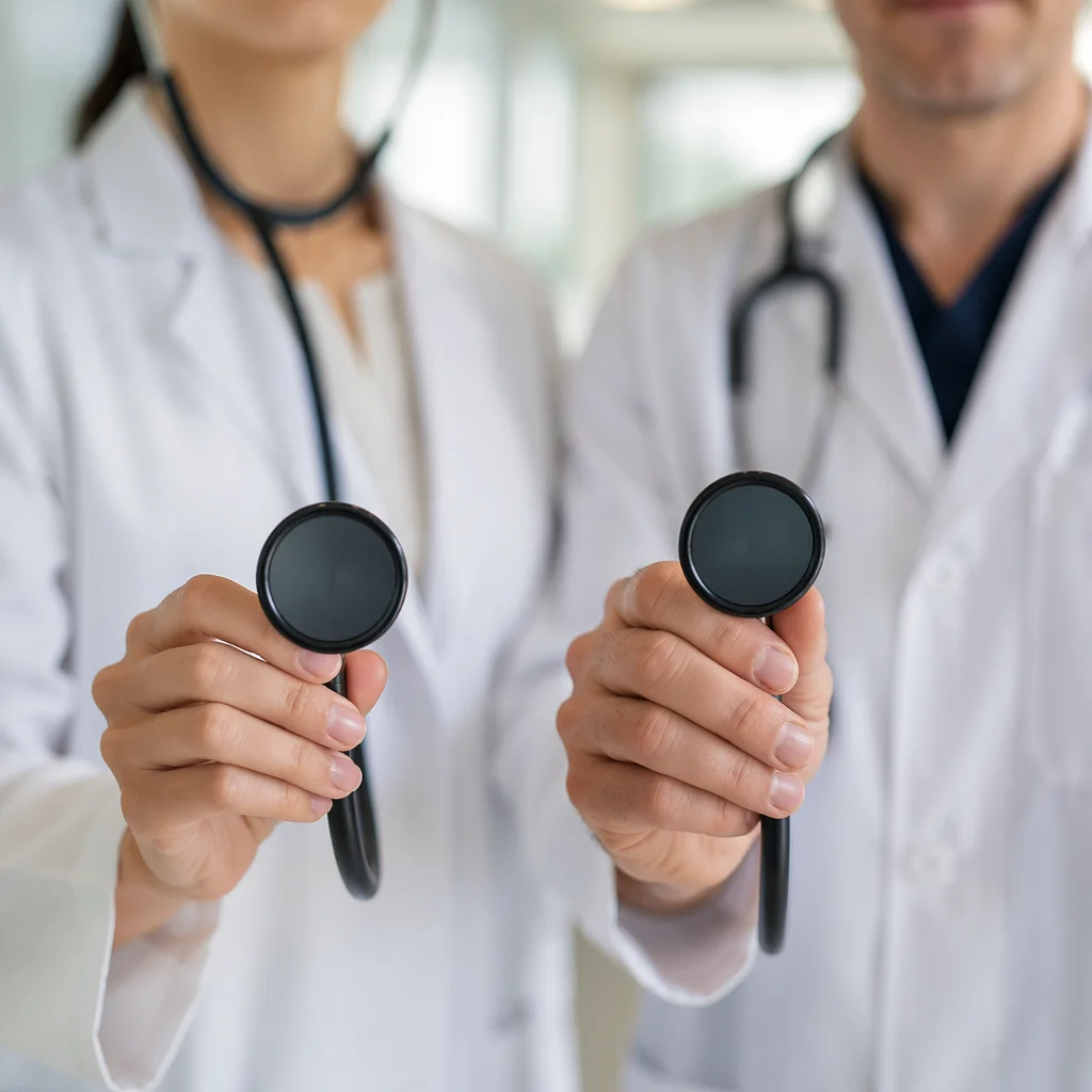 Doctors Holding Stethoscopes in Hospital Corridor