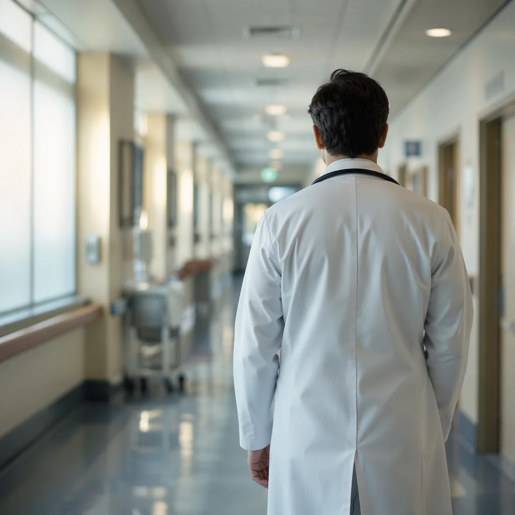 Doctor Walking Hospital Corridor in White Coat
