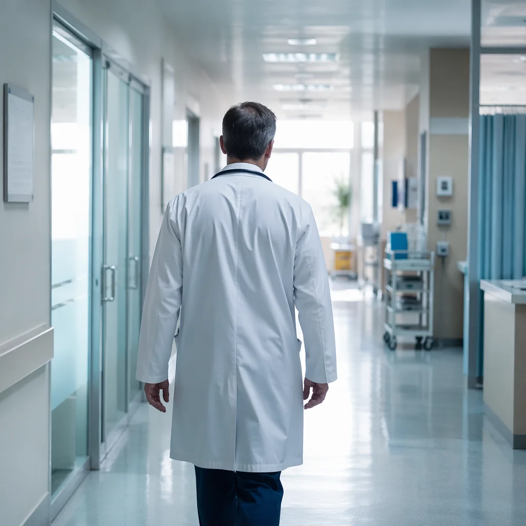 Doctor Walking Through Modern Hospital Corridor