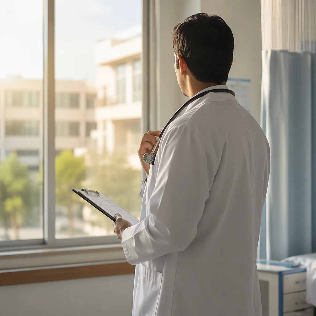 Compassionate Doctor in Morning Hospital Light