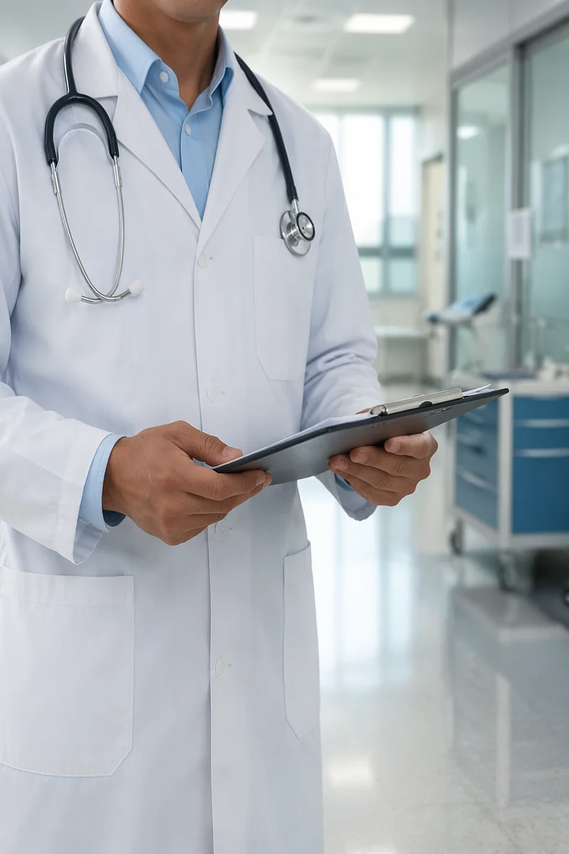 Doctor in White Coat Hospital Corridor