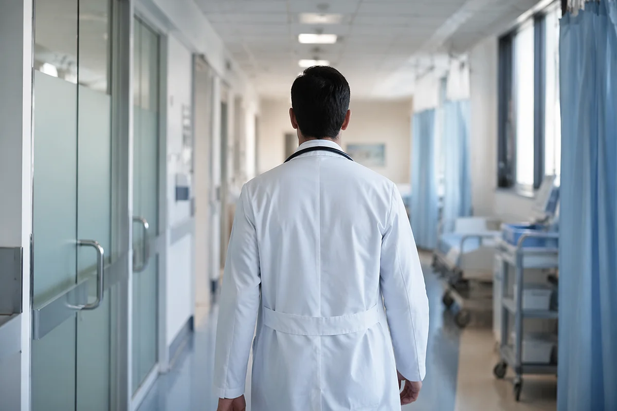 Doctor Walking Through Modern Hospital Corridor