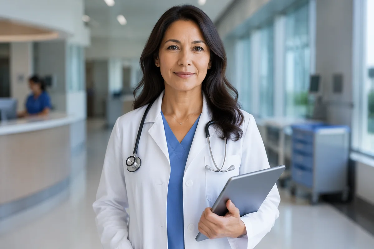 Female Doctor in Modern Hospital Corridor