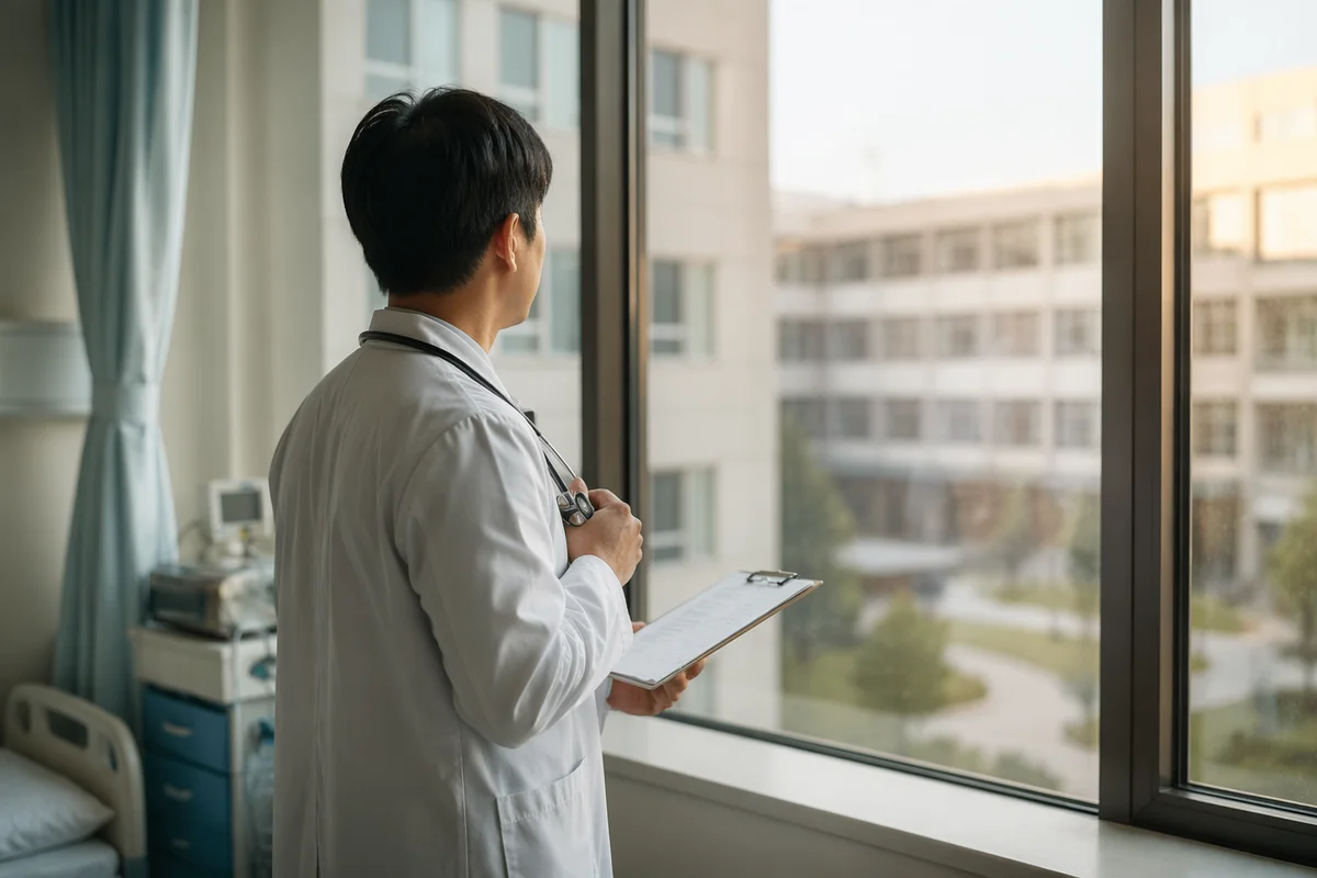Compassionate Doctor at Hospital Window