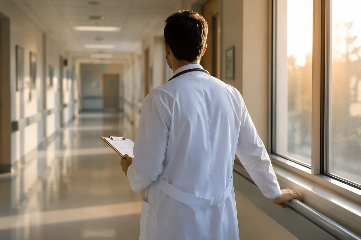 Compassionate Doctor in Morning Hospital Corridor