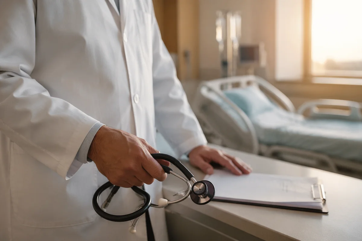 Doctor Holding Stethoscope in Calm Hospital Room