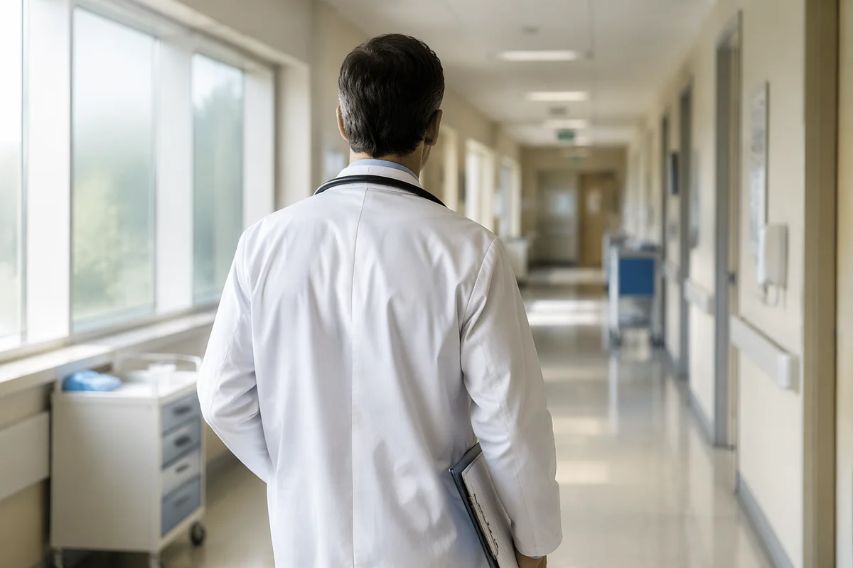 Doctor Walking Through Hopeful Hospital Corridor